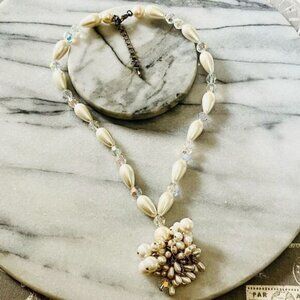 Faux Pearl Beaded Necklace AB Crystal Beads White Dangle Cluster Pendant
